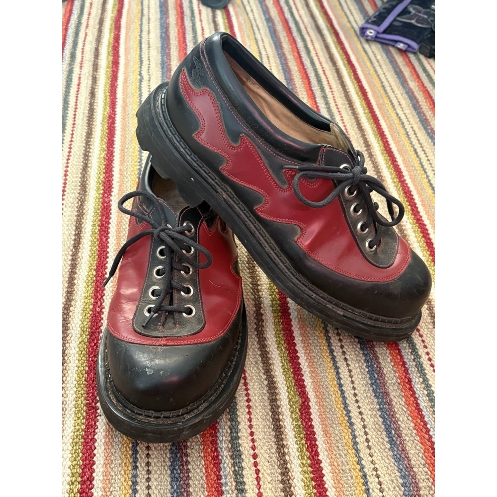 Vintage JOHN FLUEVOG Angels Cherry Red Black Flame Derby Shoes Sz 12 Mens Goth